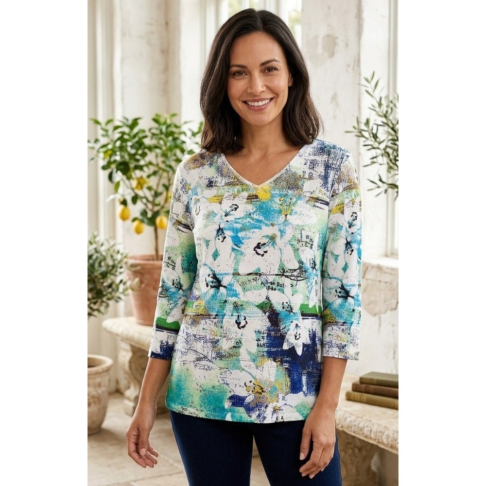 Breckenridge Woman Floral Script V-Neck 3/4 Sleeve Top 1X Rhinestone Vacation